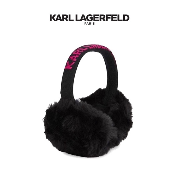 KARL LAGERFELD Logo Faux Fur & Knit Black and Pink Earmuffs NWT - Picture 1 of 7